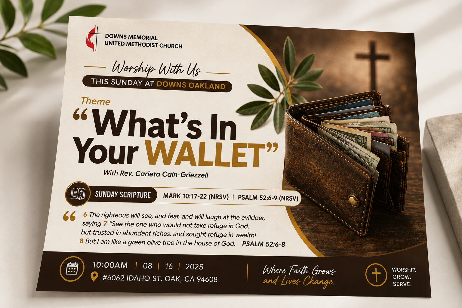 WORSHIP WALLET — Desk Mockup — Flyer-on-Desk Scene